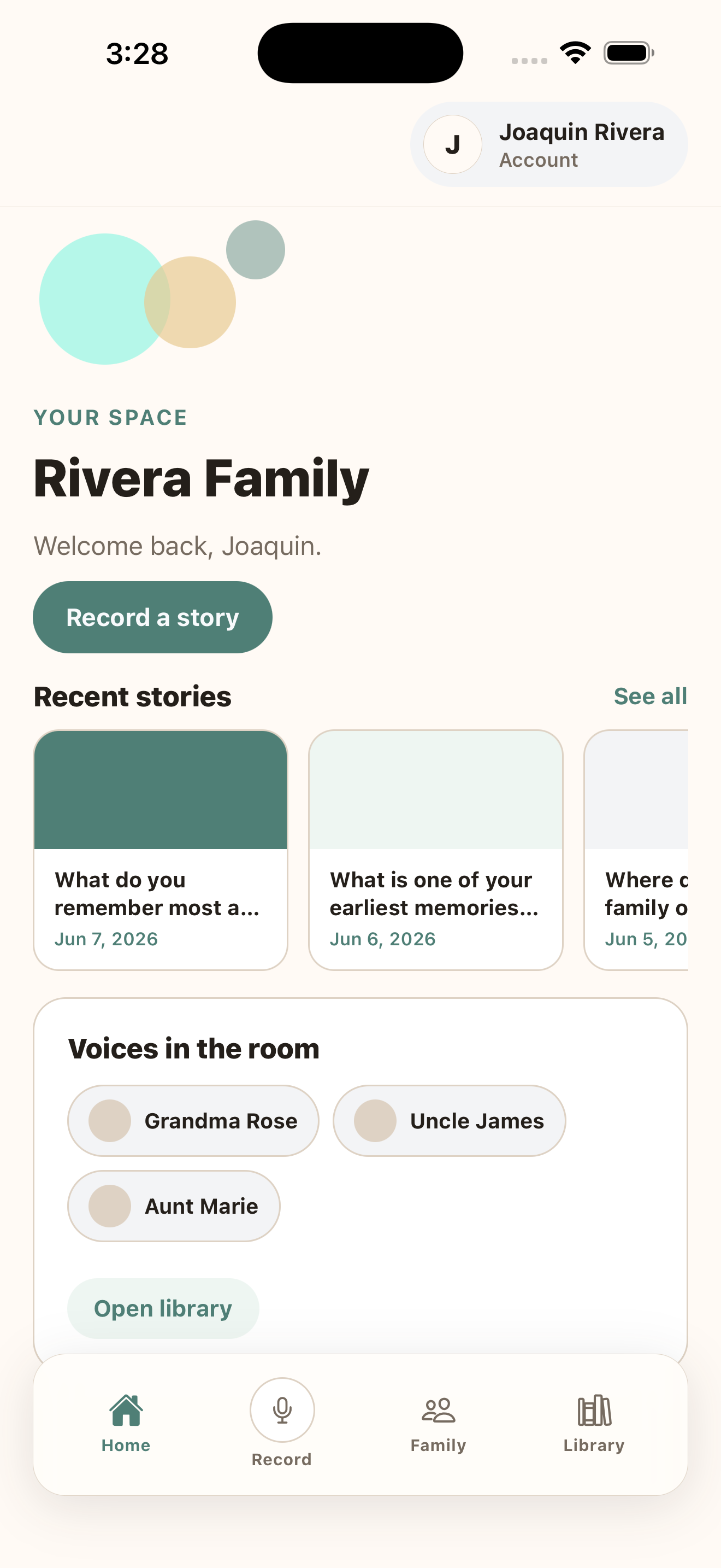 Sample Corrido Home screen: a family space with Record a story and recent stories